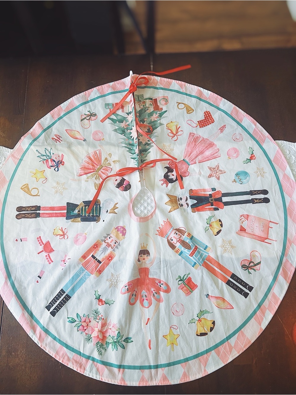 Festive Nutcracker Round Tree Skirt - Pink & Teal